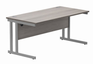 Office Rectangular Desk With Steel Double Upright Cantilever Frame | 1600X800 | Alaskan Grey Oak/Silver