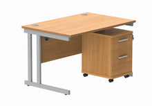 Load image into Gallery viewer, Double Upright Rectangular Desk + 2 Drawer Mobile Under Desk Pedestal | 1200X800 | Norwegian Beech/Silver