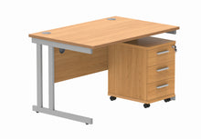 Load image into Gallery viewer, Double Upright Rectangular Desk + 3 Drawer Mobile Under Desk Pedestal | 1200X800 | Norwegian Beech/Silver