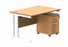 Load image into Gallery viewer, Double Upright Rectangular Desk + 3 Drawer Mobile Under Desk Pedestal | 1200X800 | Norwegian Beech/White