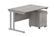 Load image into Gallery viewer, Double Upright Rectangular Desk + 2 Drawer Mobile Under Desk Pedestal | 1200X800 | Alaskan Grey Oak/Silver