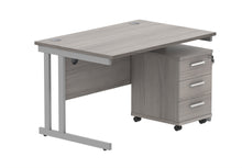 Load image into Gallery viewer, Double Upright Rectangular Desk + 3 Drawer Mobile Under Desk Pedestal | 1200X800 | Alaskan Grey Oak/Silver