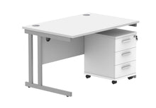 Load image into Gallery viewer, Double Upright Rectangular Desk + 2 Drawer Mobile Under Desk Pedestal | 1200X800 | Arctic White/Silver