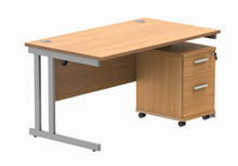 Load image into Gallery viewer, Double Upright Rectangular Desk + 2 Drawer Mobile Under Desk Pedestal | 1400X800 | Norwegian Beech/Silver