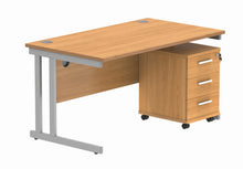 Load image into Gallery viewer, Double Upright Rectangular Desk + 3 Drawer Mobile Under Desk Pedestal | 1400X800 | Norwegian Beech/Silver