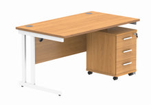 Load image into Gallery viewer, Double Upright Rectangular Desk + 3 Drawer Mobile Under Desk Pedestal | 1400X800 | Norwegian Beech/White