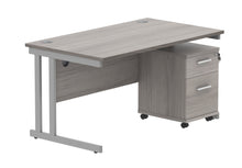 Load image into Gallery viewer, Double Upright Rectangular Desk + 2 Drawer Mobile Under Desk Pedestal | 1400X800 | Alaskan Grey Oak/Silver