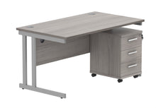Load image into Gallery viewer, Double Upright Rectangular Desk + 3 Drawer Mobile Under Desk Pedestal | 1400X800 | Alaskan Grey Oak/Silver