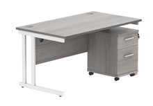 Load image into Gallery viewer, Double Upright Rectangular Desk + 2 Drawer Mobile Under Desk Pedestal | 1400X800 | Alaskan Grey Oak/White