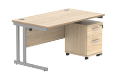Load image into Gallery viewer, Double Upright Rectangular Desk + 2 Drawer Mobile Under Desk Pedestal | 1400X800 | Canadian Oak/Silver