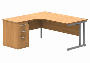 Double Upright Left Hand Radial Desk + Desk High Pedestal | 1600X1200 | Norwegian Beech/Silver