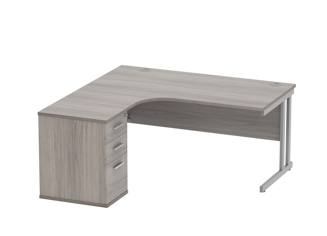 Double Upright Left Hand Radial Desk + Desk High Pedestal | 1600X1200 | Alaskan Grey Oak/Silver