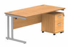 Load image into Gallery viewer, Double Upright Rectangular Desk + 2 Drawer Mobile Under Desk Pedestal | 1600X800 | Norwegian Beech/Silver