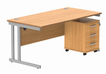 Load image into Gallery viewer, Double Upright Rectangular Desk + 3 Drawer Mobile Under Desk Pedestal | 1600X800 | Norwegian Beech/Silver
