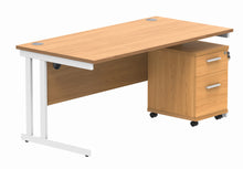 Load image into Gallery viewer, Double Upright Rectangular Desk + 2 Drawer Mobile Under Desk Pedestal | 1600X800 | Norwegian Beech/White