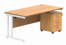 Load image into Gallery viewer, Double Upright Rectangular Desk + 3 Drawer Mobile Under Desk Pedestal | 1600X800 | Norwegian Beech/White