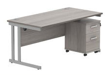 Load image into Gallery viewer, Double Upright Rectangular Desk + 2 Drawer Mobile Under Desk Pedestal | 1600X800 | Alaskan Grey Oak/Silver