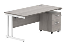 Load image into Gallery viewer, Double Upright Rectangular Desk + 2 Drawer Mobile Under Desk Pedestal | 1600X800 | Alaskan Grey Oak/White