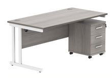 Load image into Gallery viewer, Double Upright Rectangular Desk + 3 Drawer Mobile Under Desk Pedestal | 1600X800 | Alaskan Grey Oak/White